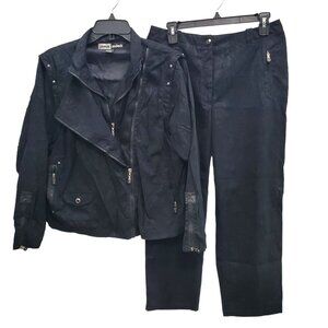 Jamie Sadock Women's Vintage Black Crackle‎ Double Zip Moto Jacket Pants Set 8/L